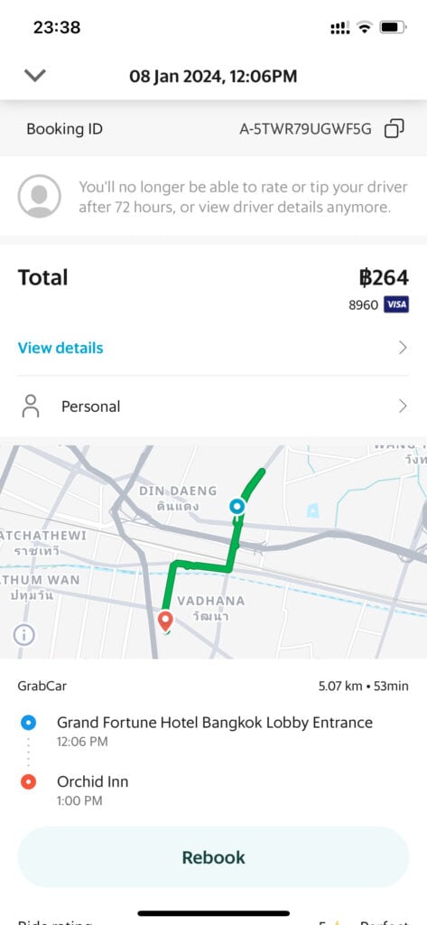 screenshot of the Grab ride from the Grand fortune hotel in Bangkok to the Orchid Inn in Sukhumvit Soi 4