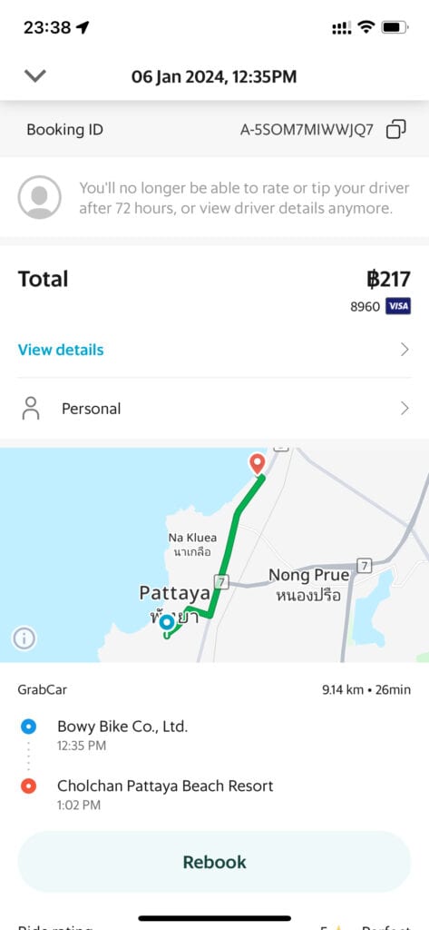 screenshot of our Grab taxi ride in Pattaya from the Holiday Inn Express to Cholchin Beach Resort